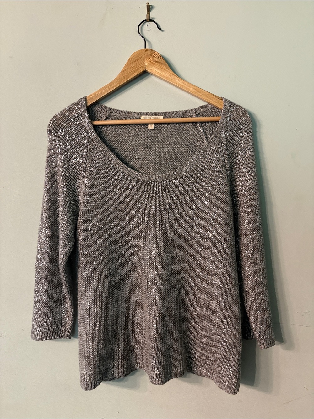 Eileen Fisher Metallic Silver Knit Sweater Linen Medium